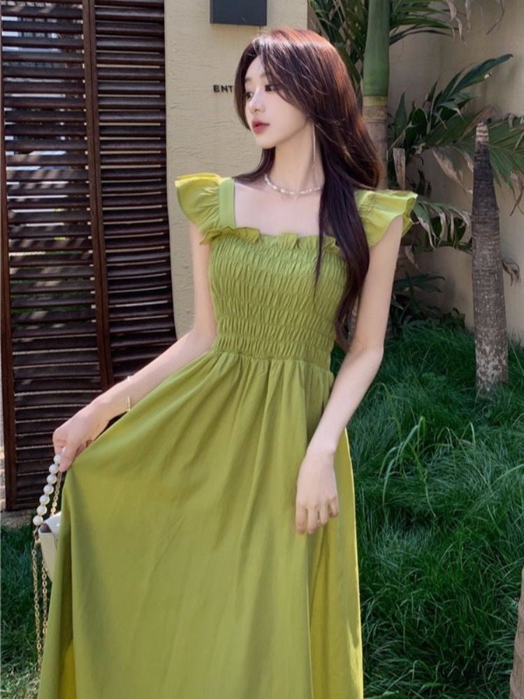 2023 Summer New French Style Elegant Small Flying Sleeve Pleated Waist Slimming Dress Hepburn Style Square Collar Tea Break Medium