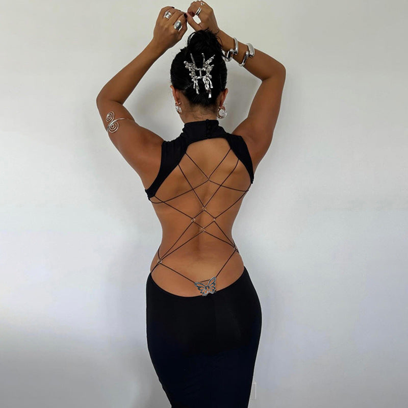 European and American style sexy backless bow dress women's 2024 summer new temperament hot girl dress