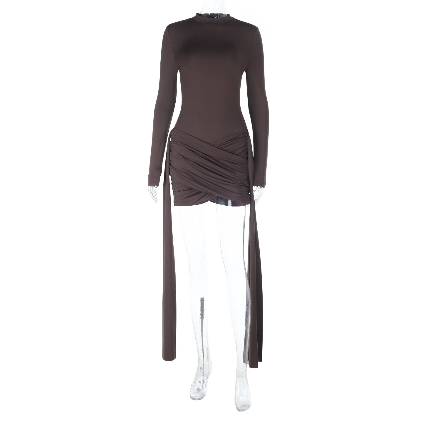 Xy25354 High-Neck Ribbon Long-Sleeve Slim-Fit Dress for Women 2025 European and American Autumn New Style Hot Girl Bodycon Mini Dress