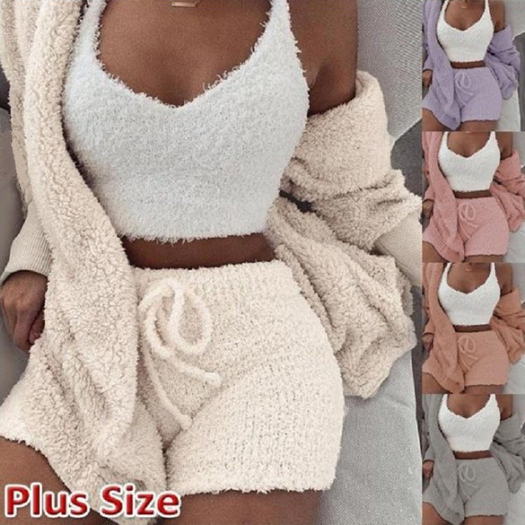 Cross-border Women's European and American Winter Plush Home Clothes Casual Three-piece Pajamas Long-sleeved Navel Vest Shorts Set