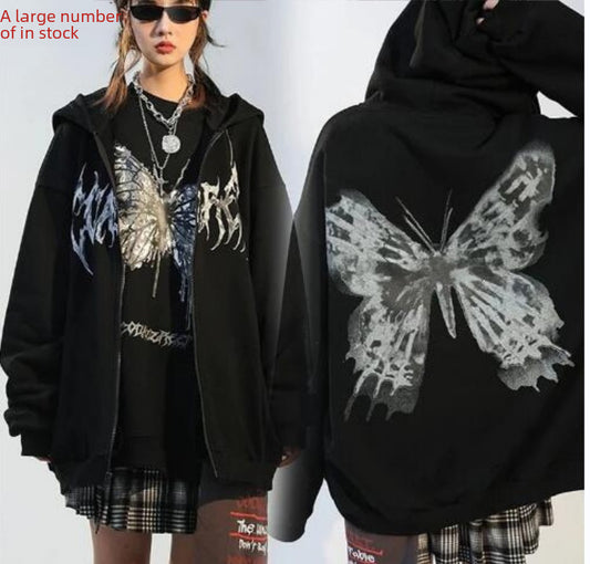 Cross-border Loose Printed Pocket Sweater Street Trendy Double-layer Hooded Sweater Women's Cardigan Y2K Jacket