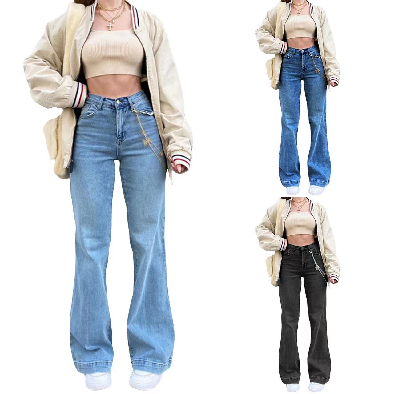 European and American 2023 high waist wide leg women's stretch jeans Amazon horn jeans new one-piece hair
