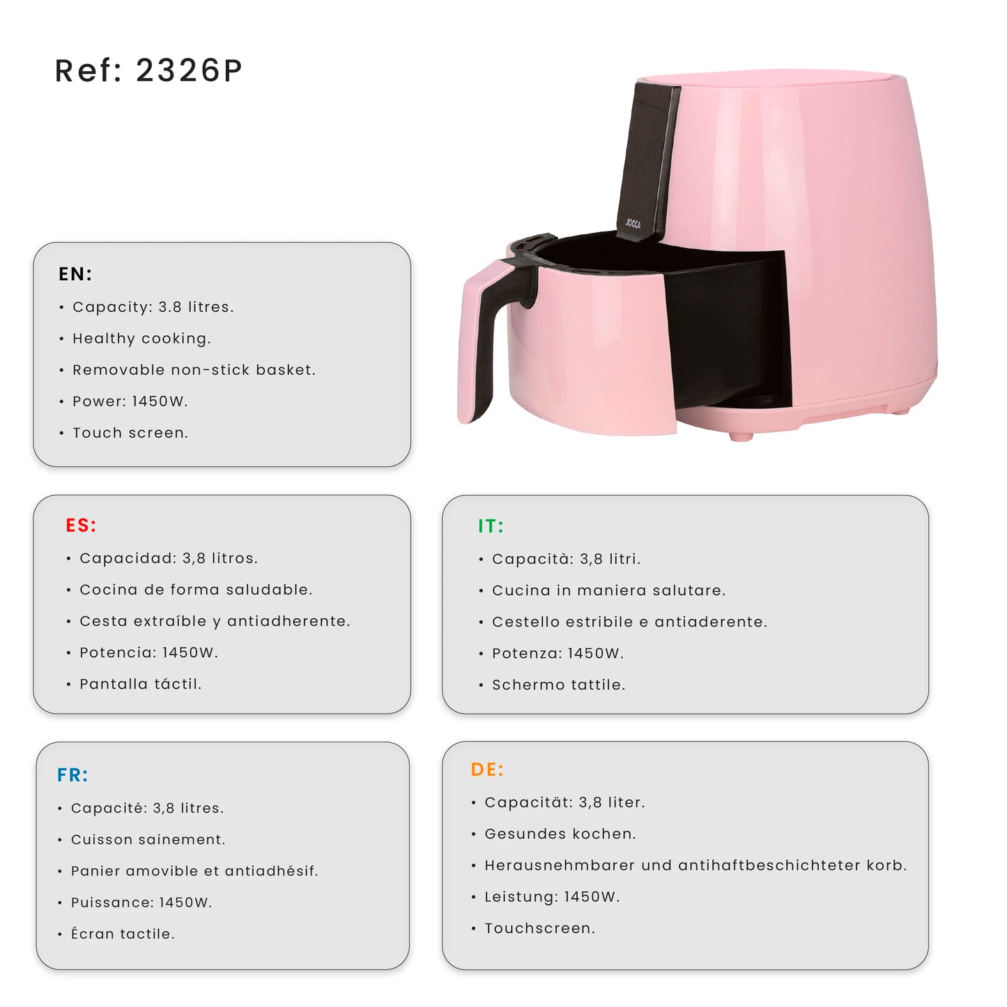 3.8L capacity Jocca pink air fryer with LED touch screen, 8 predefined programs, 80-200 °C temperature, 60 min timer and 1450W power. Oil-free cooking, healthier and faster