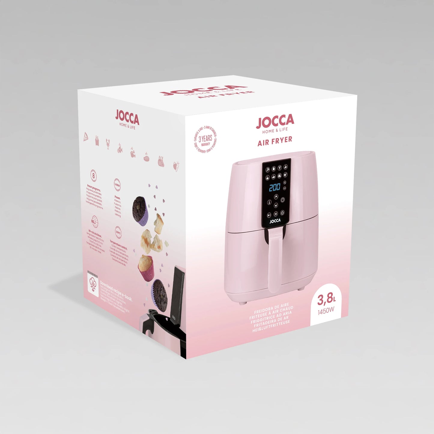 3.8L capacity Jocca pink air fryer with LED touch screen, 8 predefined programs, 80-200 °C temperature, 60 min timer and 1450W power. Oil-free cooking, healthier and faster