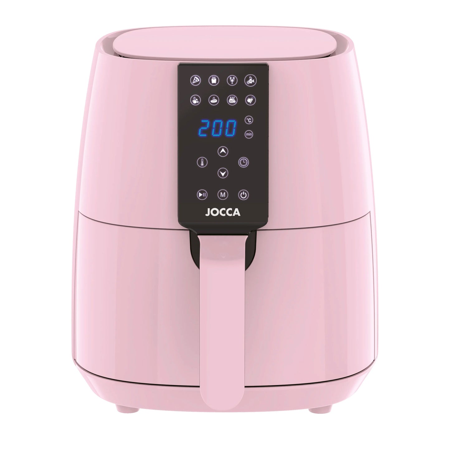 3.8L capacity Jocca pink air fryer with LED touch screen, 8 predefined programs, 80-200 °C temperature, 60 min timer and 1450W power. Oil-free cooking, healthier and faster