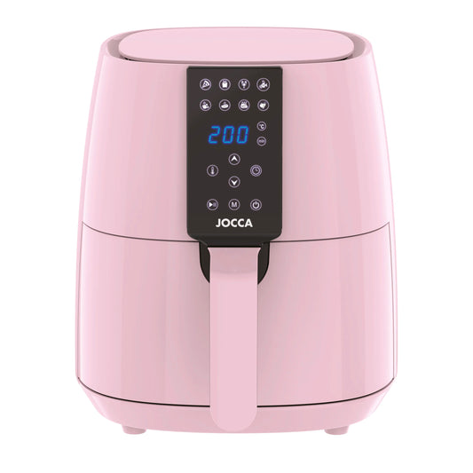 3.8L capacity Jocca pink air fryer with LED touch screen, 8 predefined programs, 80-200 °C temperature, 60 min timer and 1450W power. Oil-free cooking, healthier and faster