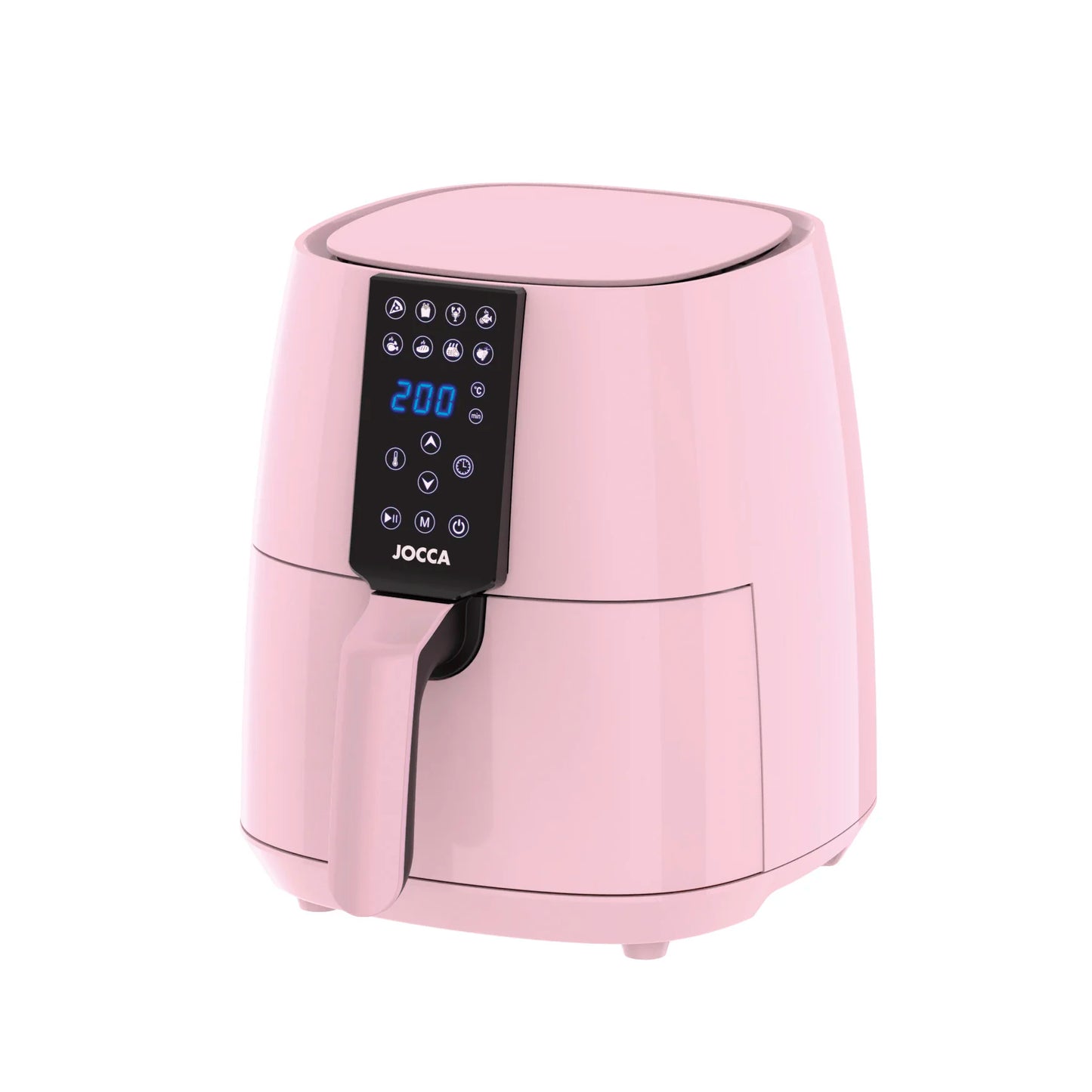 3.8L capacity Jocca pink air fryer with LED touch screen, 8 predefined programs, 80-200 °C temperature, 60 min timer and 1450W power. Oil-free cooking, healthier and faster