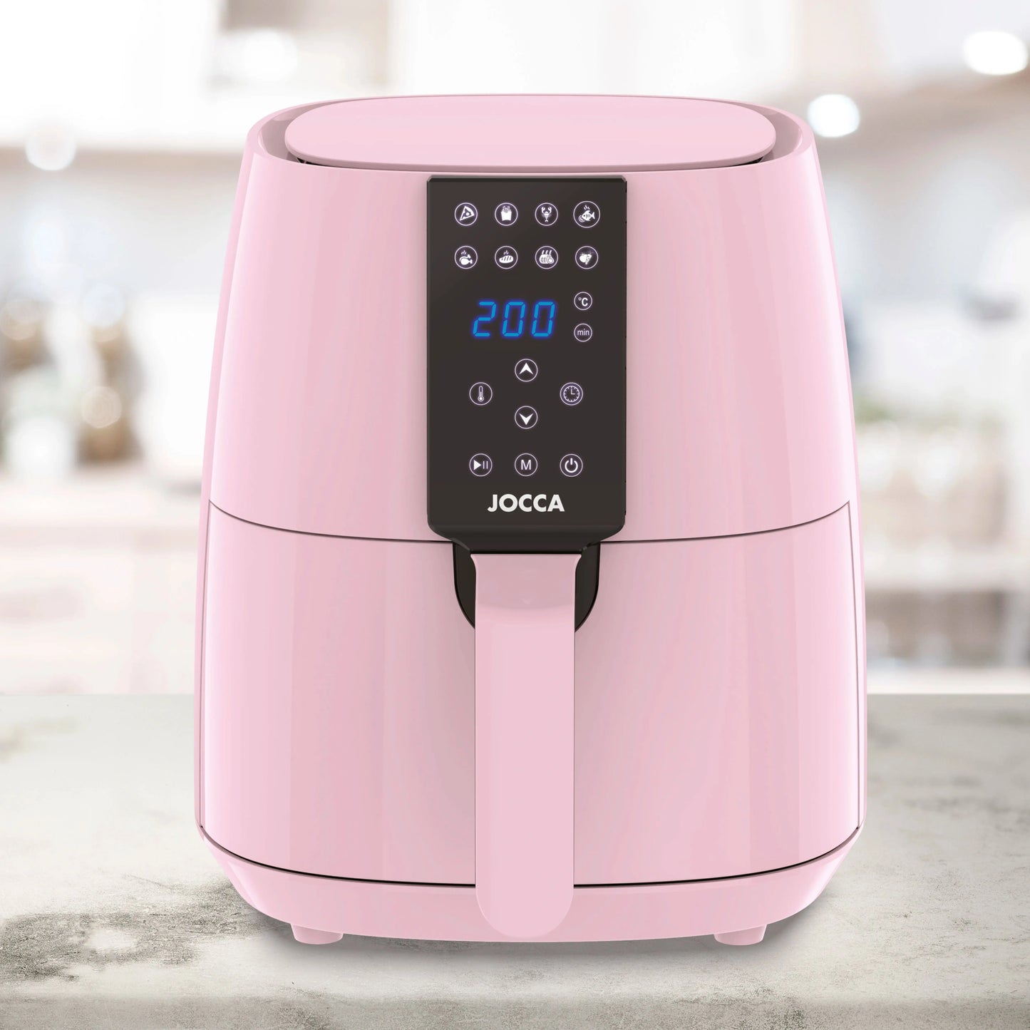 3.8L capacity Jocca pink air fryer with LED touch screen, 8 predefined programs, 80-200 °C temperature, 60 min timer and 1450W power. Oil-free cooking, healthier and faster