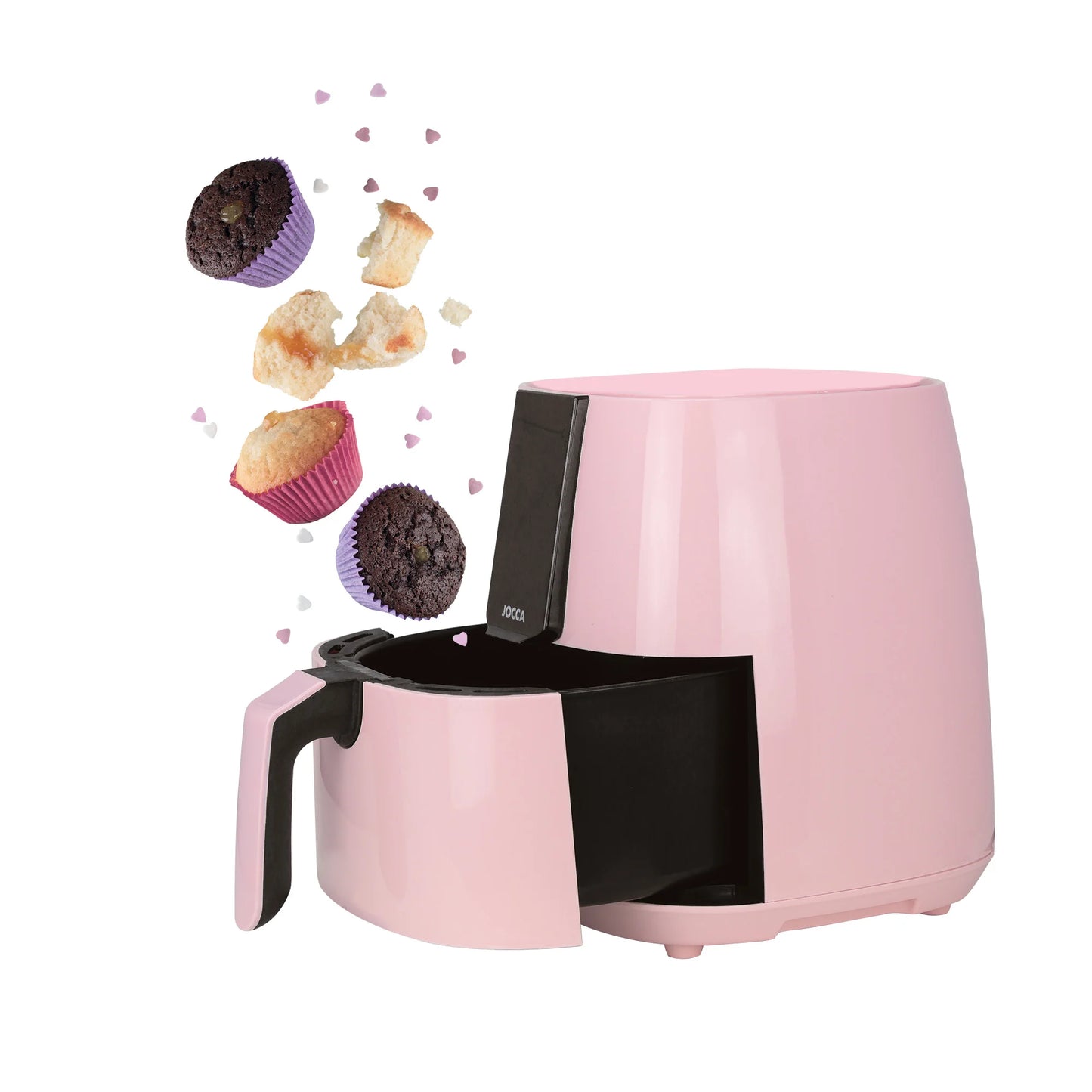 3.8L capacity Jocca pink air fryer with LED touch screen, 8 predefined programs, 80-200 °C temperature, 60 min timer and 1450W power. Oil-free cooking, healthier and faster