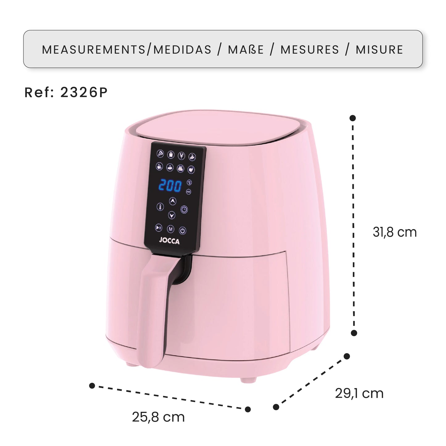3.8L capacity Jocca pink air fryer with LED touch screen, 8 predefined programs, 80-200 °C temperature, 60 min timer and 1450W power. Oil-free cooking, healthier and faster