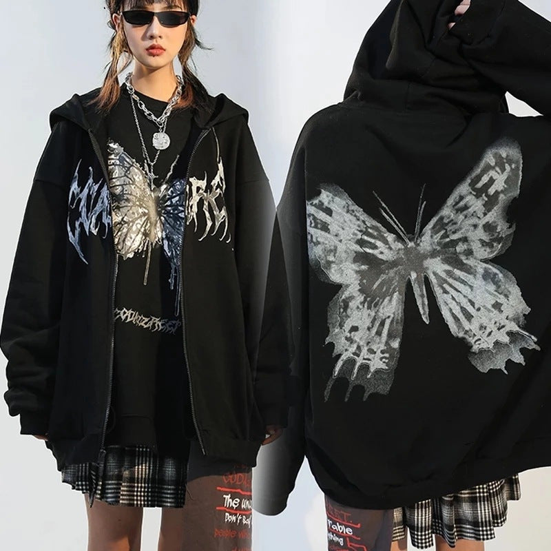 Cross-border Loose Printed Pocket Sweater Street Trendy Double-layer Hooded Sweater Women's Cardigan Y2K Jacket