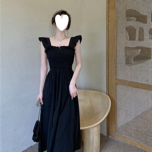 2023 Summer New French Style Elegant Small Flying Sleeve Pleated Waist Slimming Dress Hepburn Style Square Collar Tea Break Medium