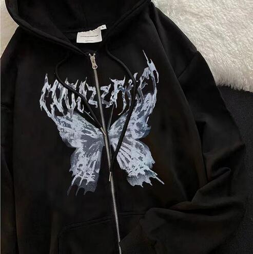 Cross-border Loose Printed Pocket Sweater Street Trendy Double-layer Hooded Sweater Women's Cardigan Y2K Jacket