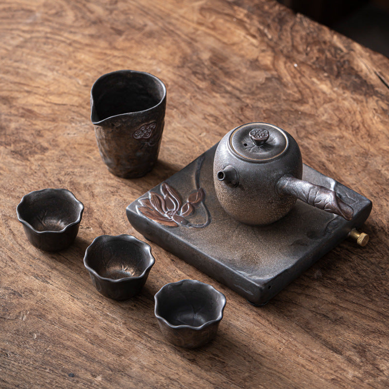 Creative Japanese Kung Fu Tea Set Household Ceramic Tea Cup Teapot Stoneware Simple Portable Travel Pot Three Cups