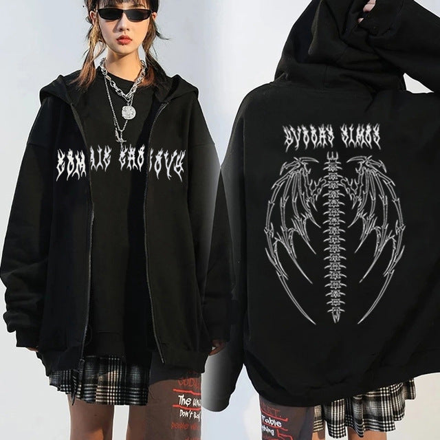 Cross-border Loose Printed Pocket Sweater Street Trendy Double-layer Hooded Sweater Women's Cardigan Y2K Jacket