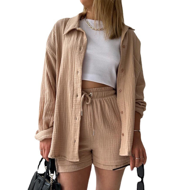 European and American Women's Two-Piece Created Lapel Long-Sleeved Shirt High Waist Drawstring Shorts Large Size Fashionable Casual Suit