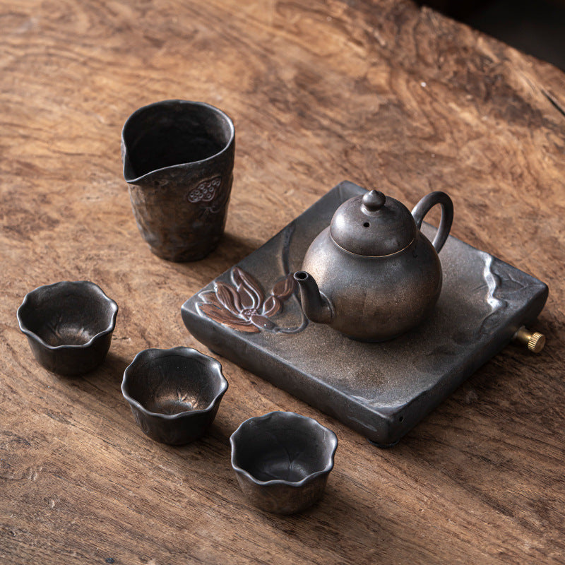 Creative Japanese Kung Fu Tea Set Household Ceramic Tea Cup Teapot Stoneware Simple Portable Travel Pot Three Cups