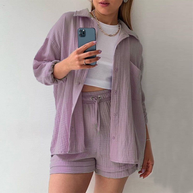 European and American Women's Two-Piece Created Lapel Long-Sleeved Shirt High Waist Drawstring Shorts Large Size Fashionable Casual Suit