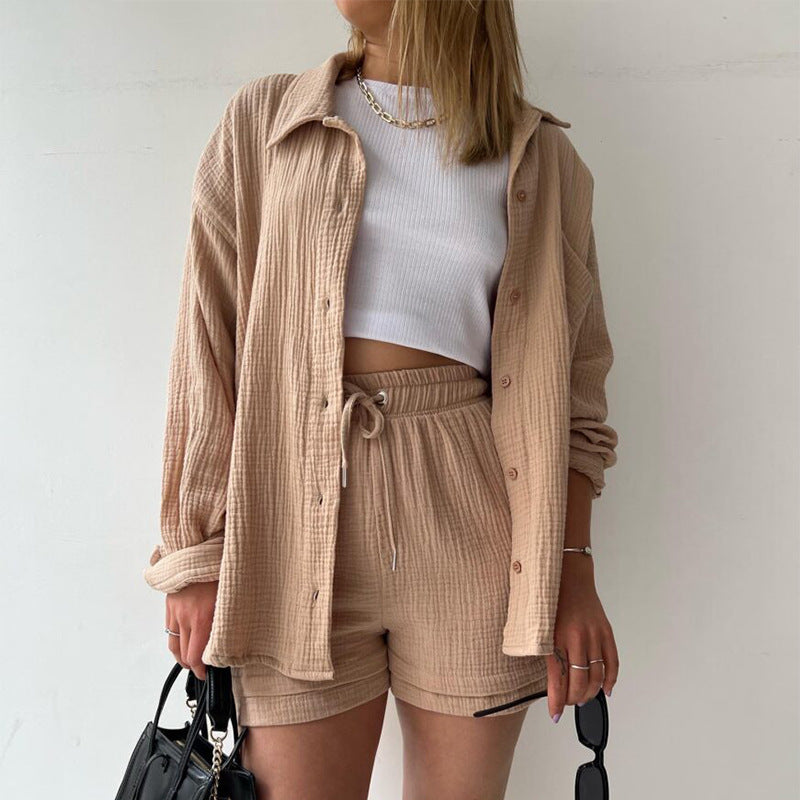 European and American Women's Two-Piece Created Lapel Long-Sleeved Shirt High Waist Drawstring Shorts Large Size Fashionable Casual Suit
