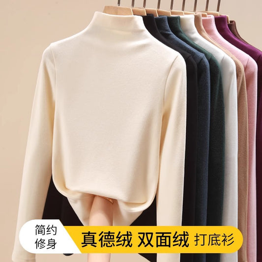 Women's Fashionable Long-Sleeved T-shirt with Half-High Collar Double-Sided German Velvet Bottoming for Warmth Self-Heating Brushed Top for Autumn and Winter