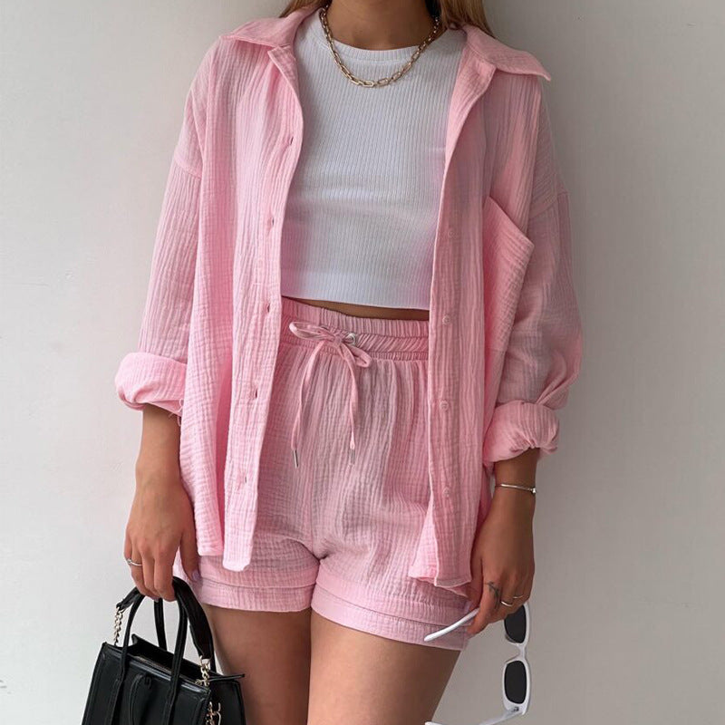 European and American Women's Two-Piece Created Lapel Long-Sleeved Shirt High Waist Drawstring Shorts Large Size Fashionable Casual Suit