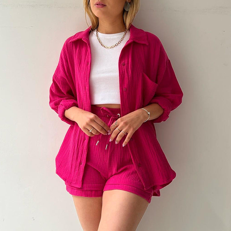European and American Women's Two-Piece Created Lapel Long-Sleeved Shirt High Waist Drawstring Shorts Large Size Fashionable Casual Suit