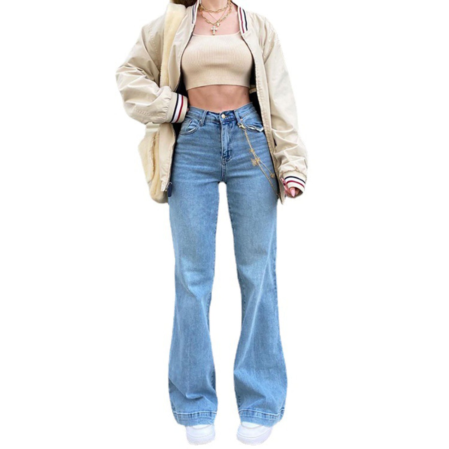 European and American 2023 high waist wide leg women's stretch jeans Amazon horn jeans new one-piece hair