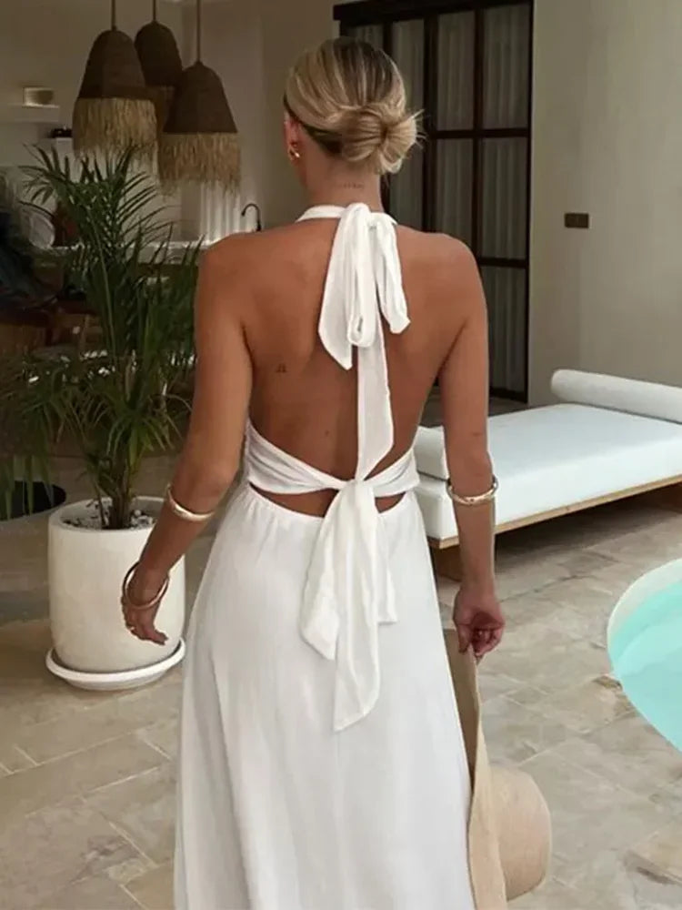 TARUXY Halter Backless Maxi Dress For Women Lace Up Plunge Higt Waist Split Sexy Holiday Long Dress Elegant Club Party Vestidos